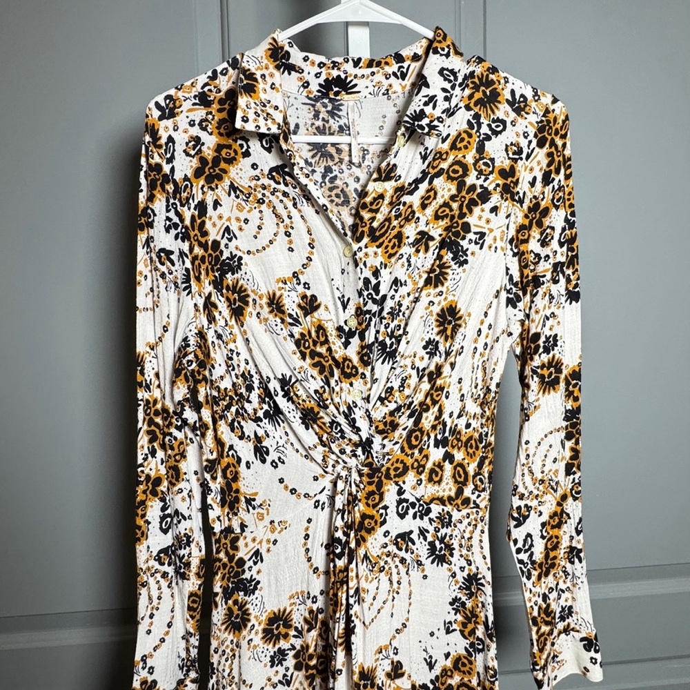 Free People Tough Love Shirt Dress Womens‎ Ivory Floral Wrap Midi Long Sleeve 8 - Picture 4 of 12